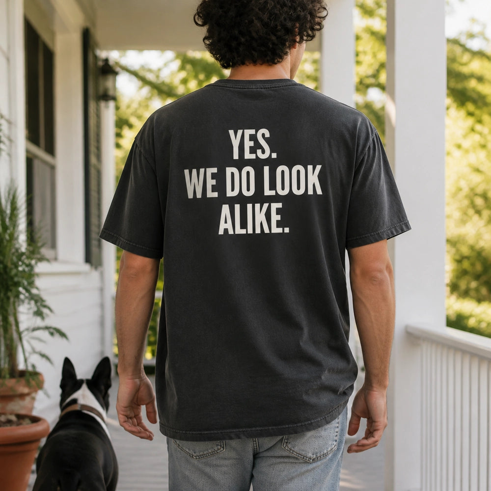 Custom Pet and Owner Embroidered T-Shirt with Back Print - Pet Parent Gift back worn product image with custom printed phrase with custom left chest embroidery based on clear photo of a pet and its person together