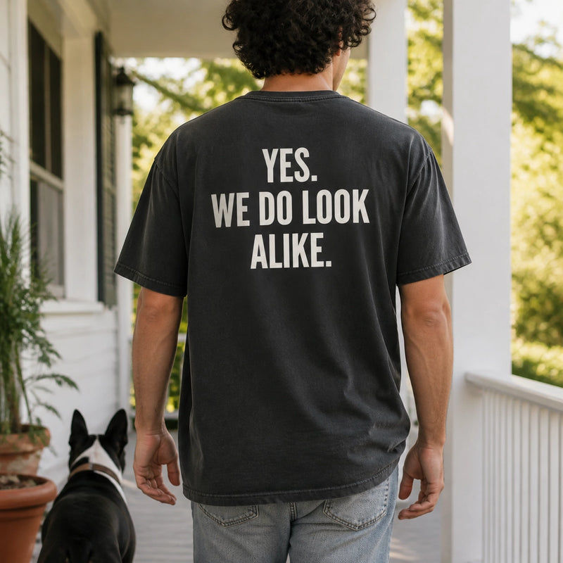 Custom Pet and Owner Embroidered T-Shirt with Back Print - Pet Parent Gift back worn product image with custom printed phrase with custom left chest embroidery based on clear photo of a pet and its person together