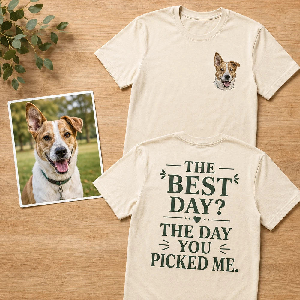 Custom rescue dog portrait embroidered T-shirt cover showing front embroidery and Gotcha Day back print