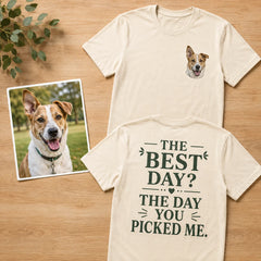 Custom rescue dog portrait embroidered T-shirt cover showing front embroidery and Gotcha Day back print