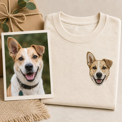 Custom rescue dog portrait embroidered T-shirt with source photo and front embroidery