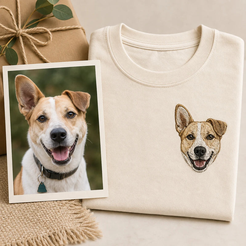 Custom rescue dog portrait embroidered T-shirt with source photo and front embroidery