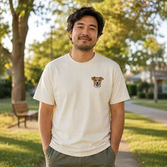 Custom rescue dog portrait embroidered T-shirt worn front view