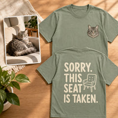 Custom cat nap portrait embroidered T-shirt cover showing front embroidery and funny back print