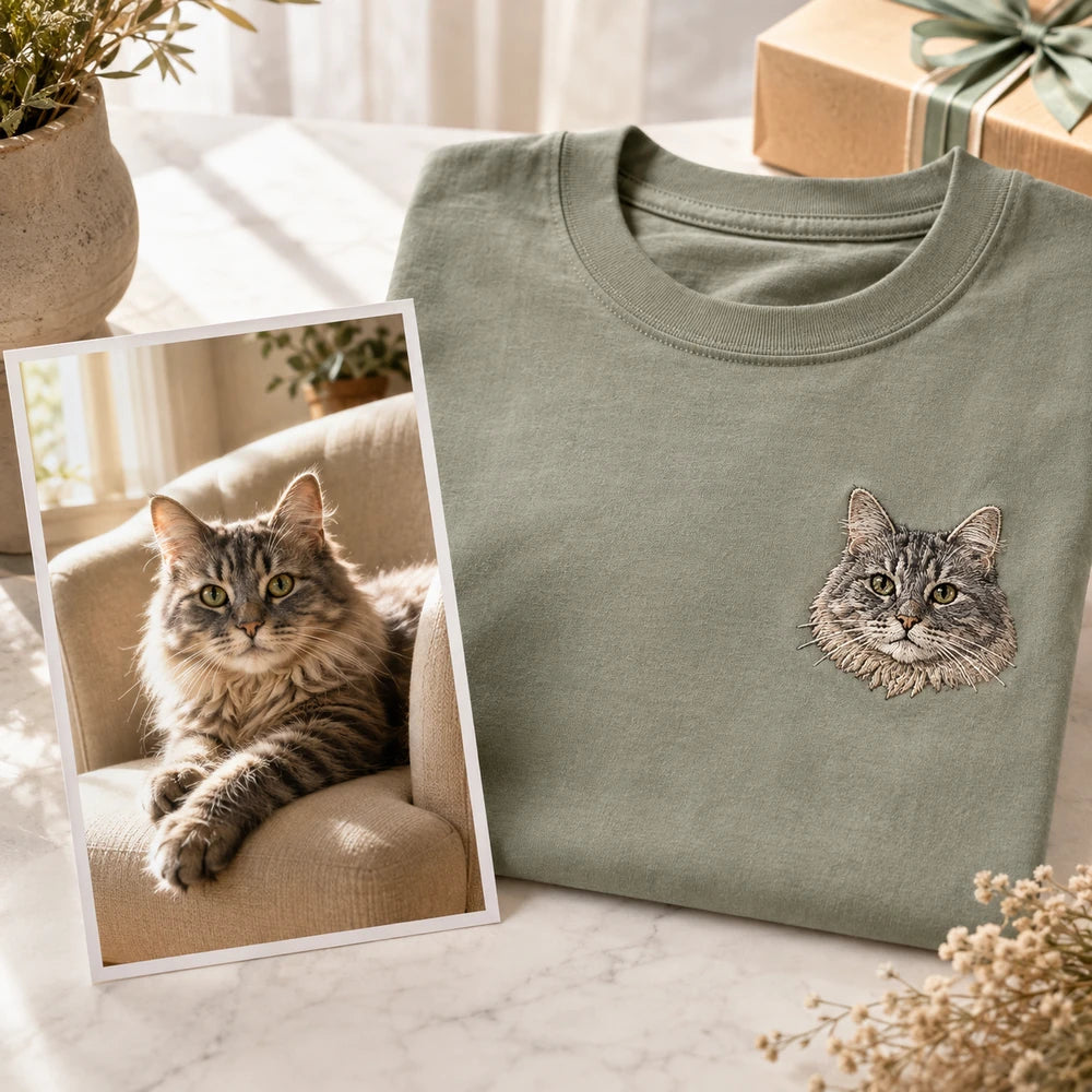 Custom cat nap portrait embroidered T-shirt with source photo and front embroidery