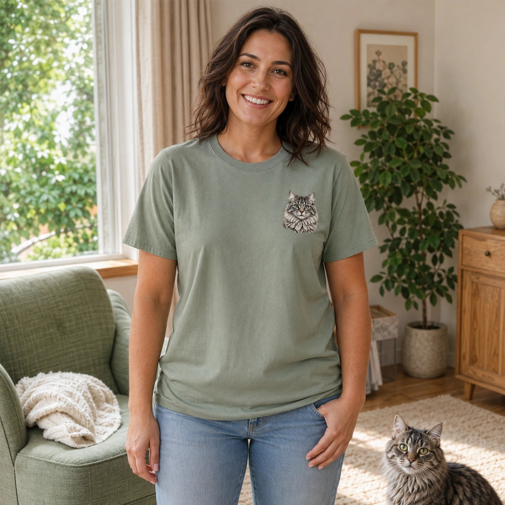 Custom cat nap portrait embroidered T-shirt worn front view