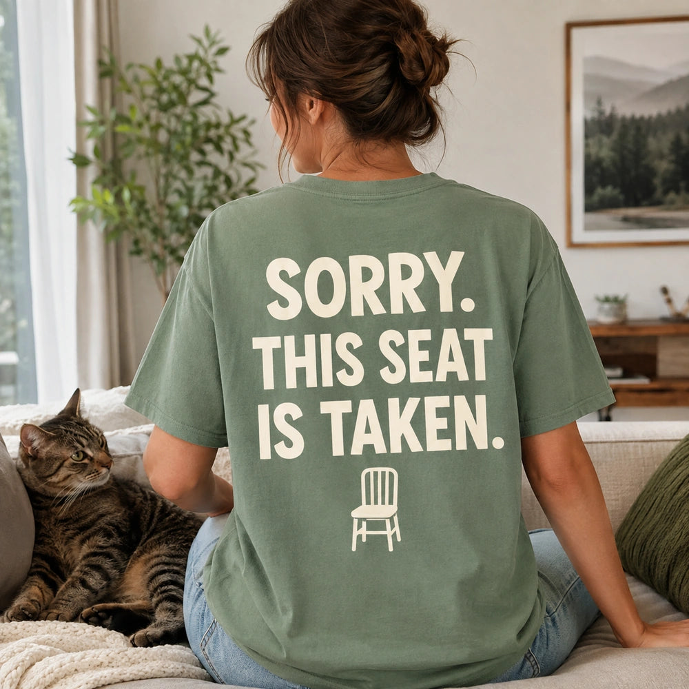 Custom cat nap portrait embroidered T-shirt back print showing SORRY THIS SEAT IS TAKEN