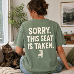 Custom cat nap portrait embroidered T-shirt back print showing SORRY THIS SEAT IS TAKEN