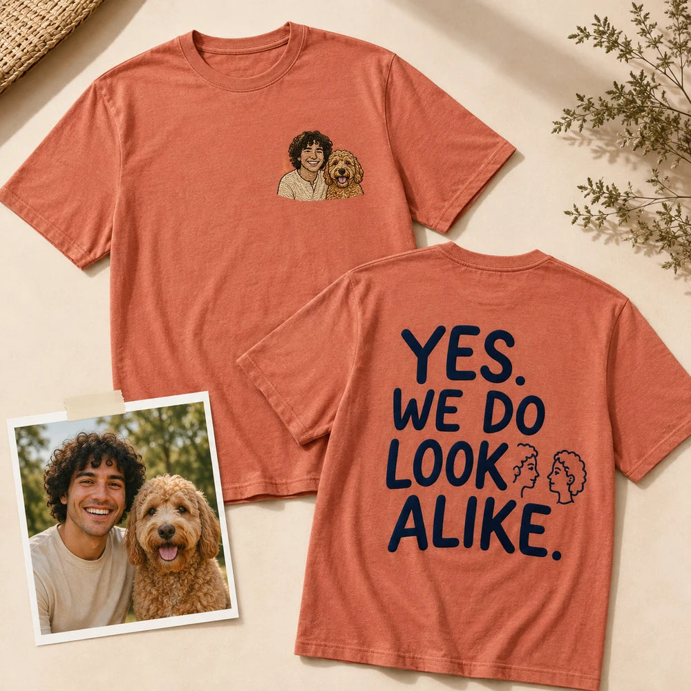 Custom pet and owner embroidered T-shirt cover showing front embroidery and funny back print