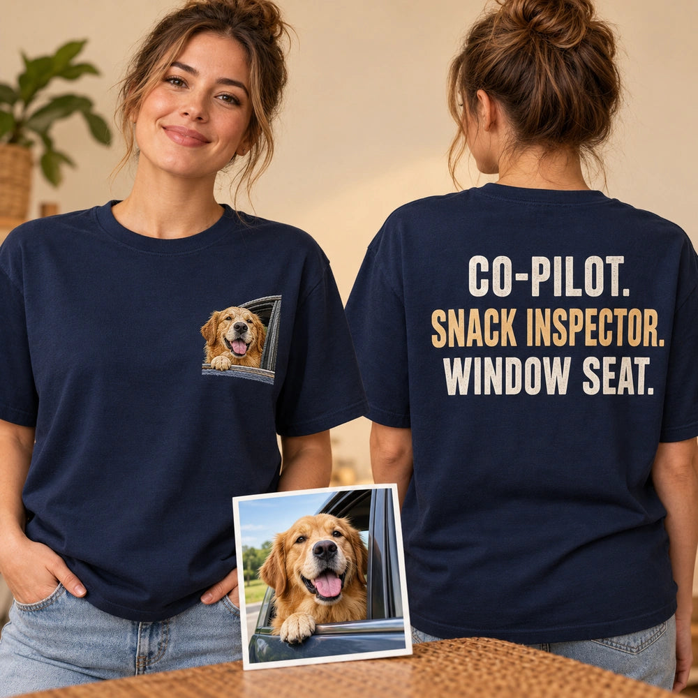 Custom Dog Road Trip Embroidered T-Shirt with Back Print - Dog Lover Gift front and back product overview image showing embroidery and custom printed phrase with custom left chest embroidery based on dog road trip photo
