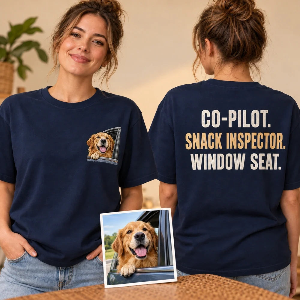 Updated custom dog road trip T-shirt front and back overview