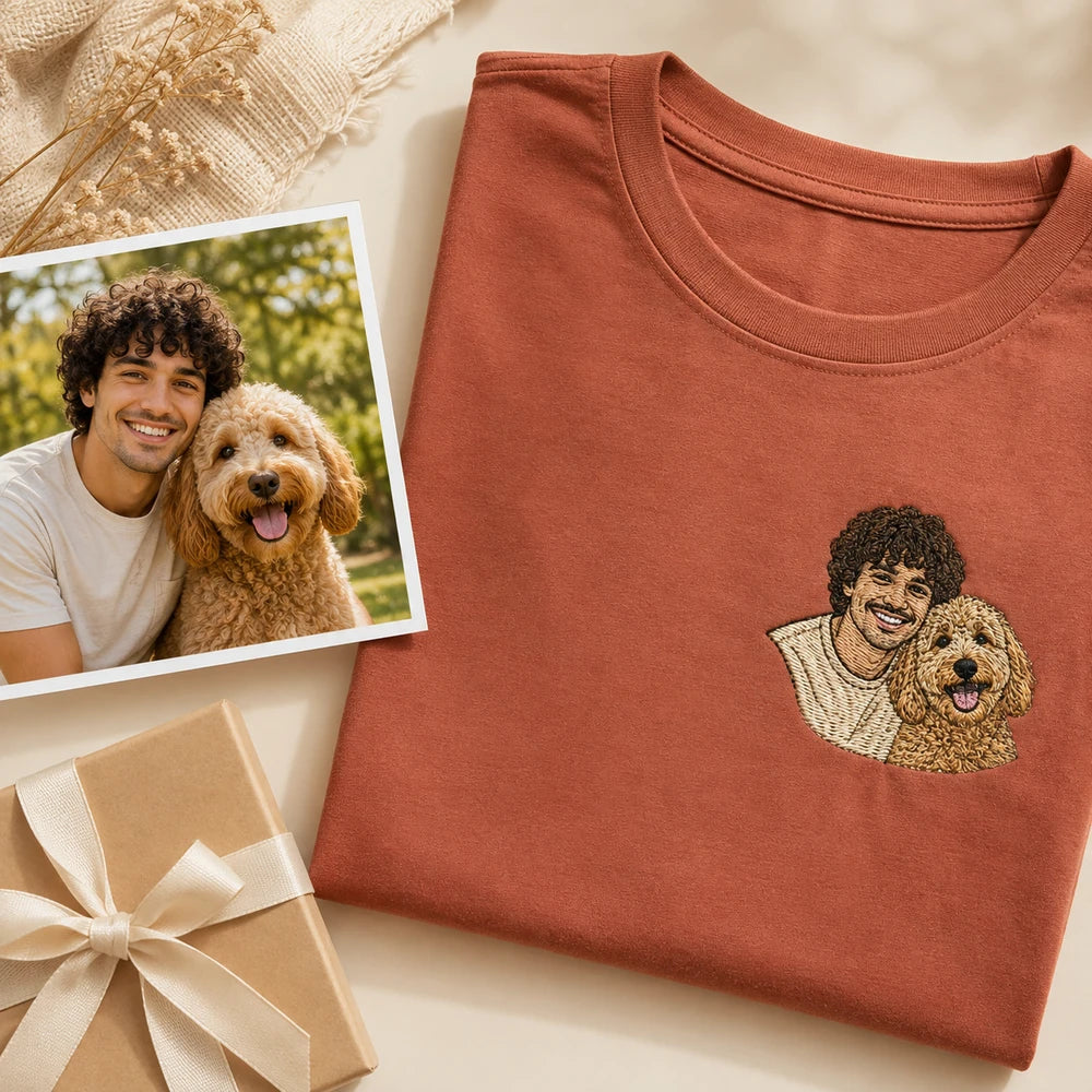 Custom pet and owner embroidered T-shirt with source photo and front embroidery