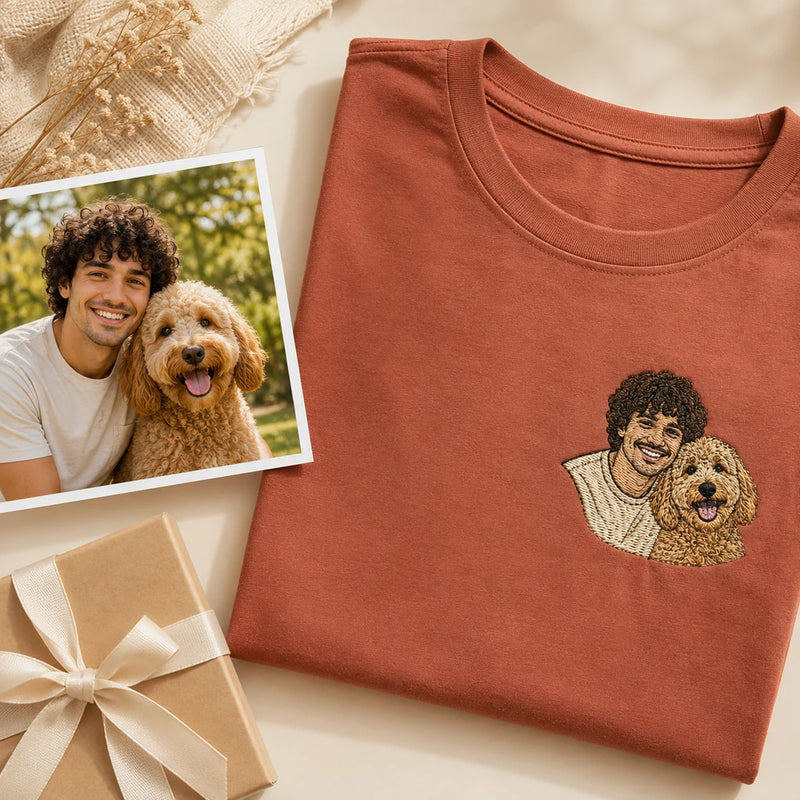 Custom pet and owner embroidered T-shirt with source photo and front embroidery