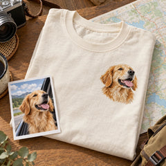Custom Dog Road Trip Embroidered T-Shirt with Back Print - Dog Lover Gift source photo and front embroidery product image with custom left chest embroidery based on dog road trip photo