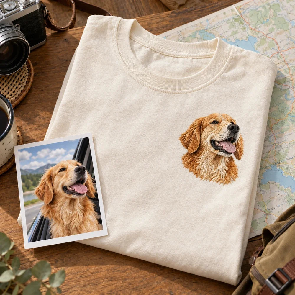 Dog road trip source photo with simplified stitchable embroidery