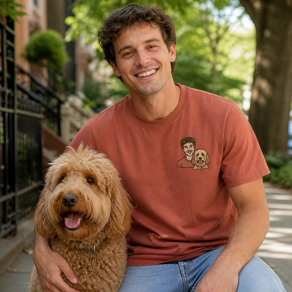 Custom pet and owner embroidered T-shirt worn front view
