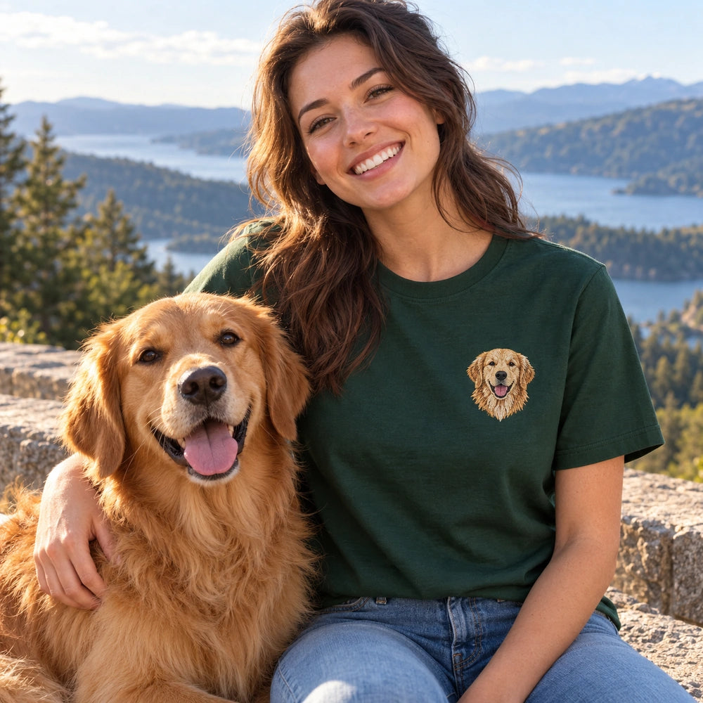 Custom Dog Road Trip Embroidered T-Shirt with Back Print - Dog Lover Gift front worn product image with left chest embroidery with custom left chest embroidery based on dog road trip photo