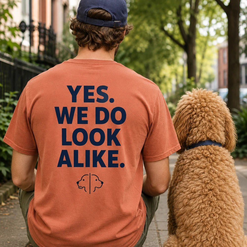 Custom pet and owner embroidered T-shirt back print showing YES WE DO LOOK ALIKE