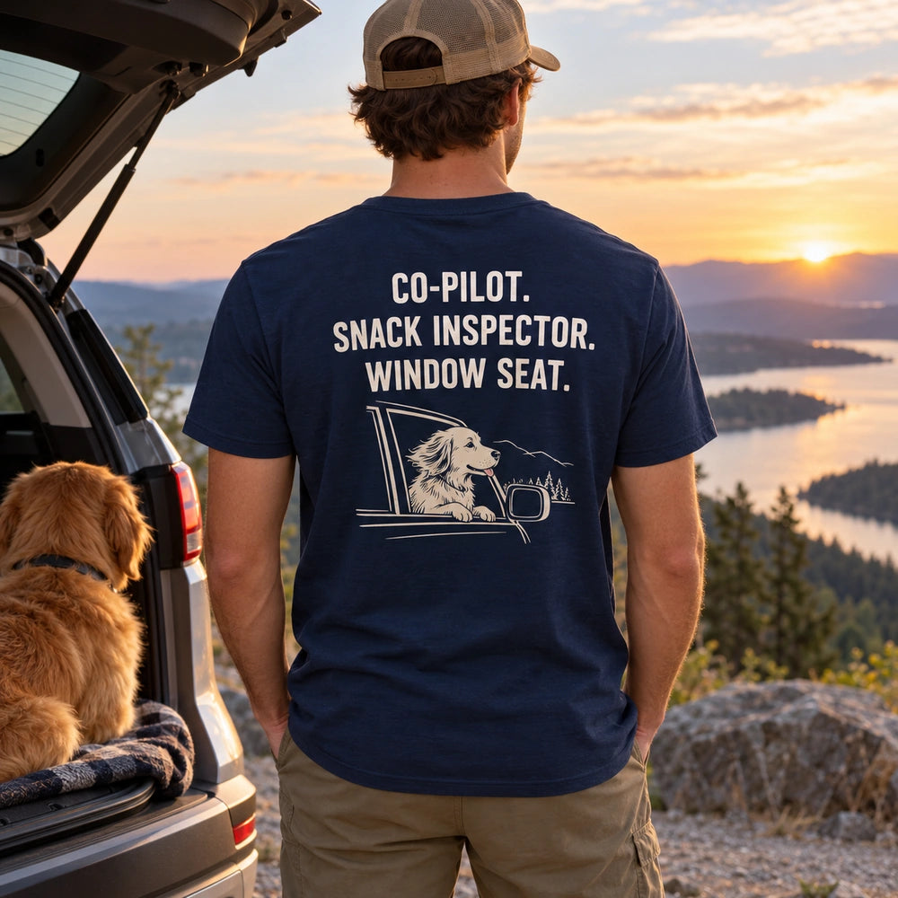 Custom Dog Road Trip Embroidered T-Shirt with Back Print - Dog Lover Gift back worn product image with custom printed phrase with custom left chest embroidery based on dog road trip photo