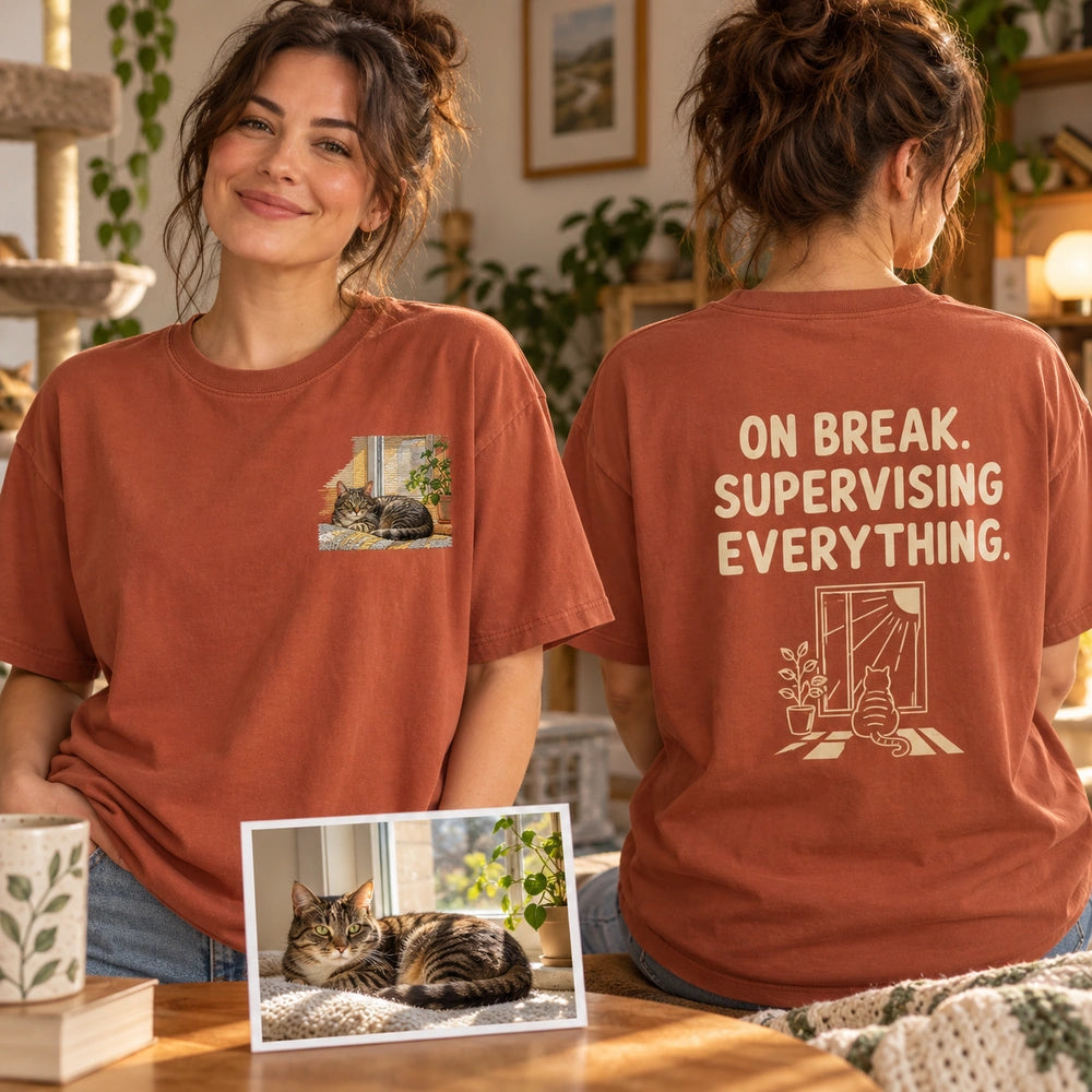 Custom Cat Window Portrait Embroidered T-Shirt with Back Print - Cat Lover Gift front and back product overview image showing embroidery and custom printed phrase with custom left chest embroidery based on cat in a sunlit window photo