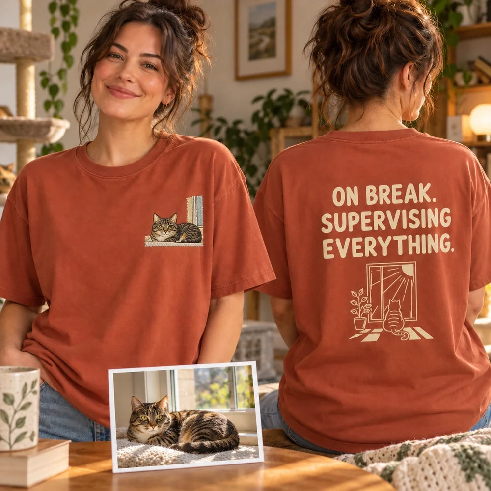 Updated custom cat window T-shirt front and back overview