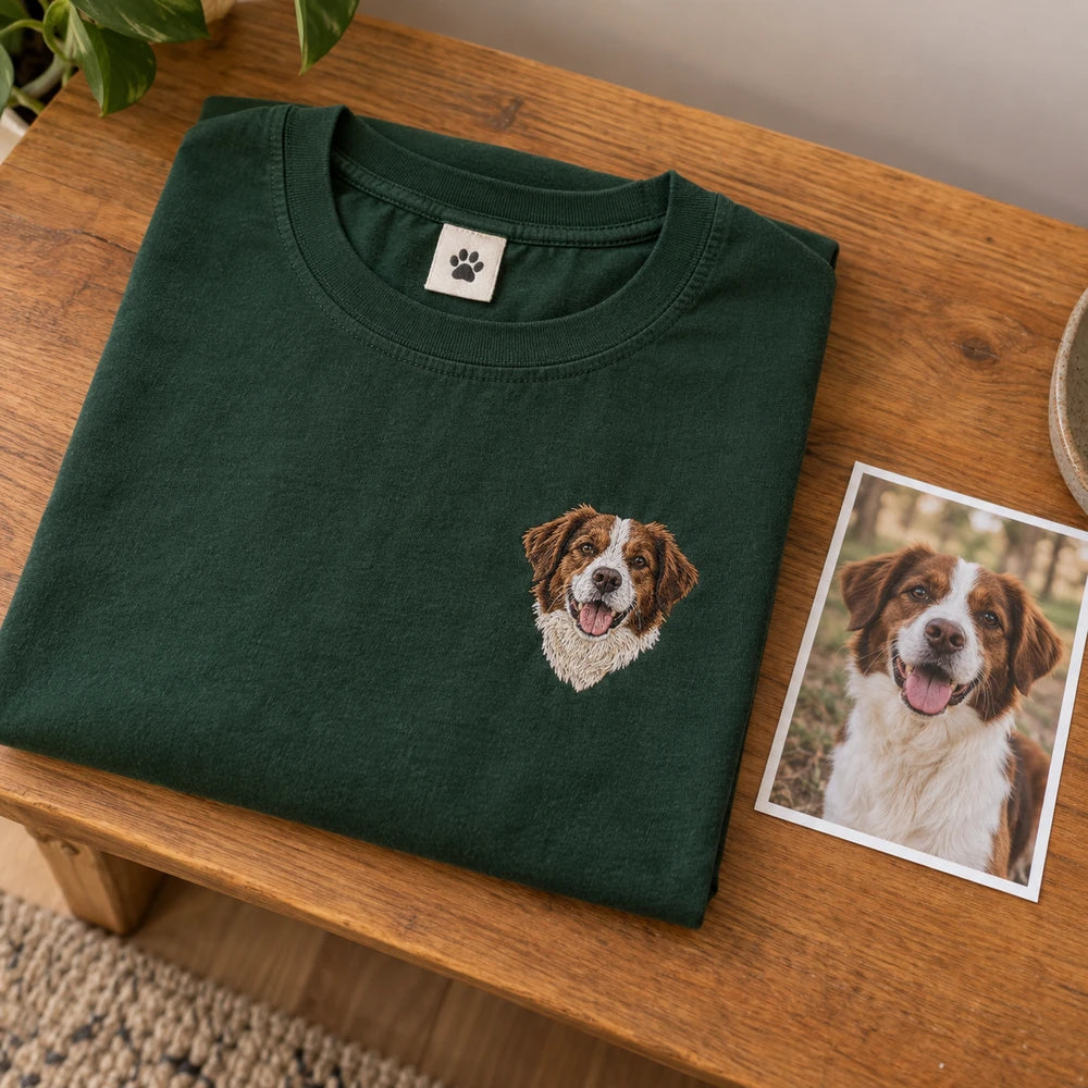 Custom Dog Portrait Embroidered T-Shirt source photo and front embroidery