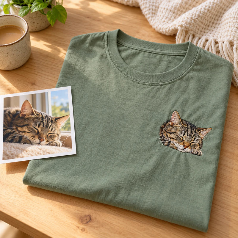 Custom Cat Window Portrait Embroidered T-Shirt with Back Print - Cat Lover Gift source photo and front embroidery product image with custom left chest embroidery based on cat in a sunlit window photo
