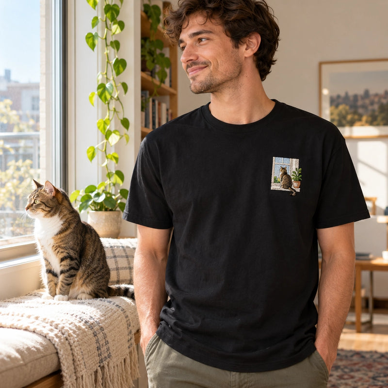 Custom Cat Window Portrait Embroidered T-Shirt with Back Print - Cat Lover Gift front worn product image with left chest embroidery with custom left chest embroidery based on cat in a sunlit window photo