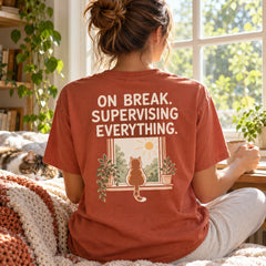 Custom Cat Window Portrait Embroidered T-Shirt with Back Print - Cat Lover Gift back worn product image with custom printed phrase with custom left chest embroidery based on cat in a sunlit window photo
