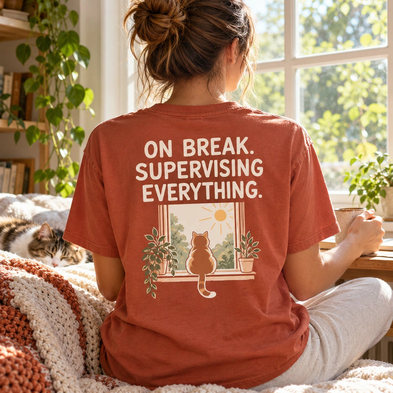 Custom Cat Window Portrait Embroidered T-Shirt with Back Print - Cat Lover Gift back worn product image with custom printed phrase with custom left chest embroidery based on cat in a sunlit window photo