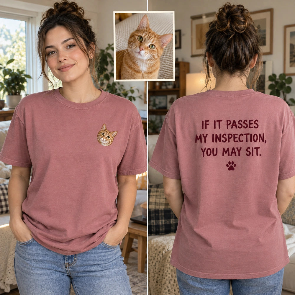 Custom Cat Portrait Embroidered T-Shirt front and back overview