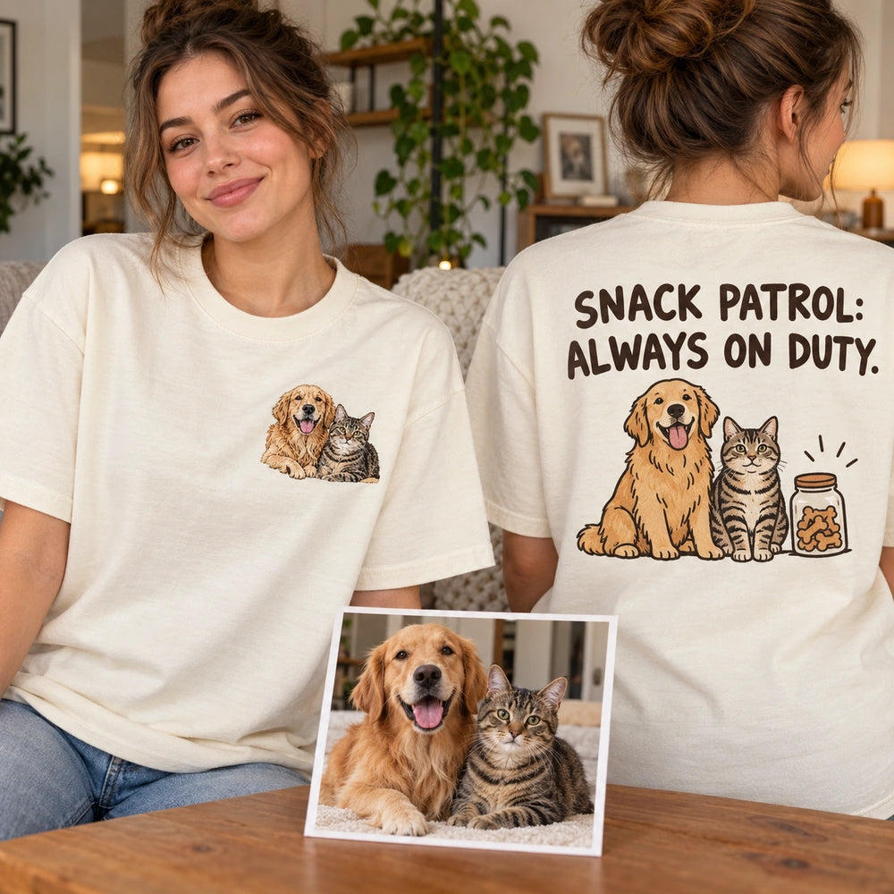 Custom Two Pet Embroidered T-Shirt with Back Print - Pet Parent Gift front and back product overview image showing embroidery and custom printed phrase with custom left chest embroidery based on dog and cat together photo