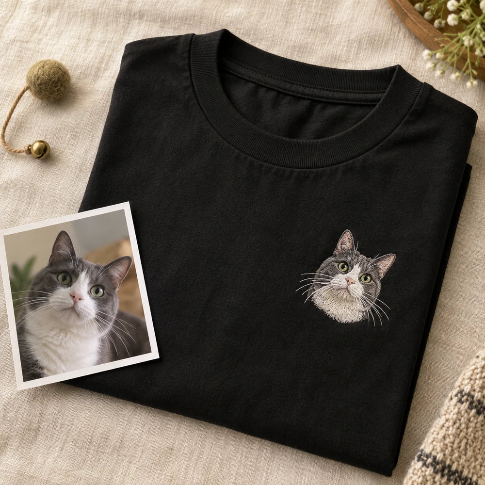 Custom Cat Portrait Embroidered T-Shirt source photo and front embroidery