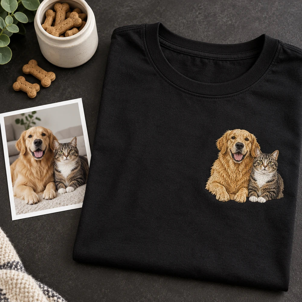 Custom Two Pet Embroidered T-Shirt with Back Print - Pet Parent Gift source photo and front embroidery product image with custom left chest embroidery based on dog and cat together photo