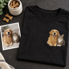 Custom Two Pet Embroidered T-Shirt with Back Print - Pet Parent Gift source photo and front embroidery product image with custom left chest embroidery based on dog and cat together photo
