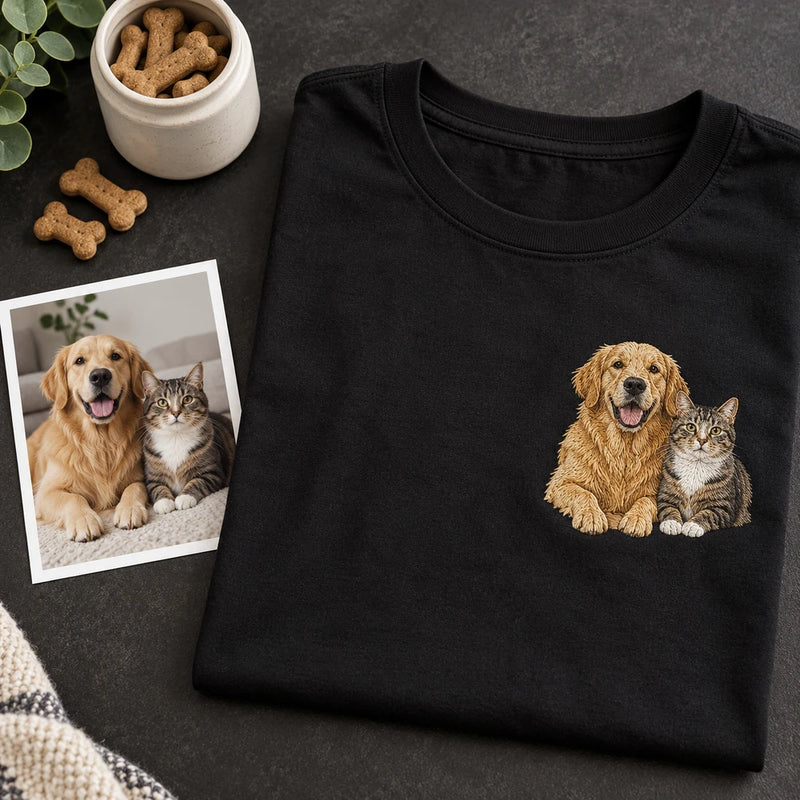 Custom Two Pet Embroidered T-Shirt with Back Print - Pet Parent Gift source photo and front embroidery product image with custom left chest embroidery based on dog and cat together photo