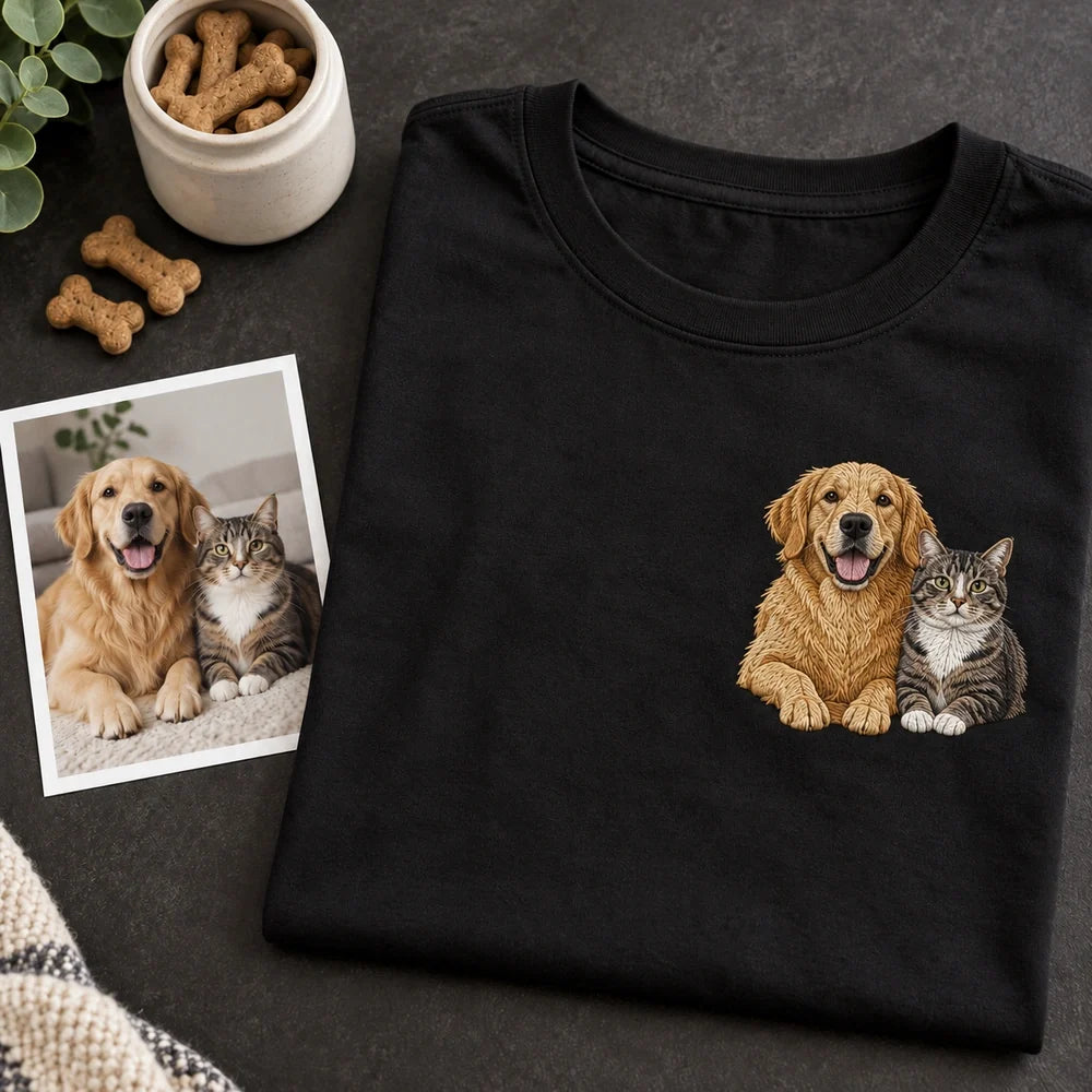 Dog and cat source photo with simplified stitchable embroidery