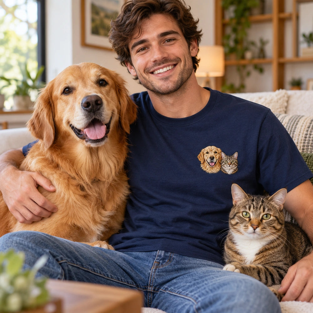 Custom Two Pet Embroidered T-Shirt with Back Print - Pet Parent Gift front worn product image with left chest embroidery with custom left chest embroidery based on dog and cat together photo