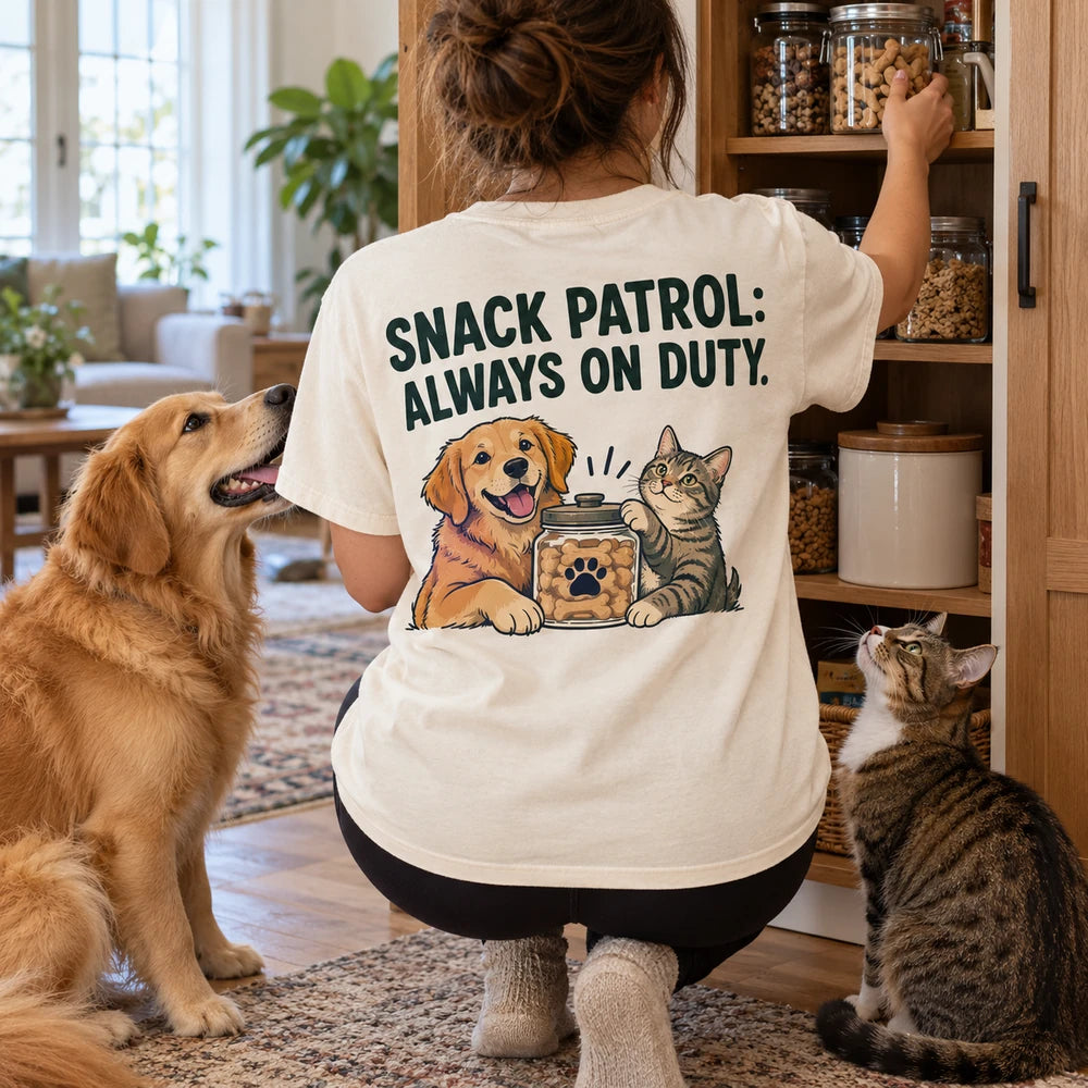 Custom Two Pet Embroidered T-Shirt with Back Print - Pet Parent Gift back worn product image with custom printed phrase with custom left chest embroidery based on dog and cat together photo
