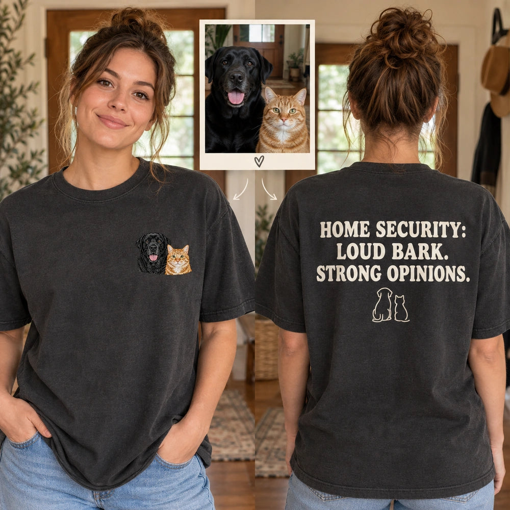 Custom Two Pet Embroidered T-Shirt front and back overview