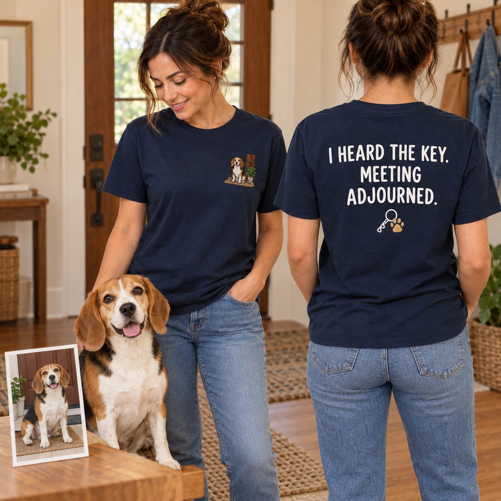 Custom Dog Door Greeter Embroidered T-Shirt with Back Print - Dog Lover Gift front and back product overview image showing embroidery and custom printed phrase with custom left chest embroidery based on dog waiting by the front door photo