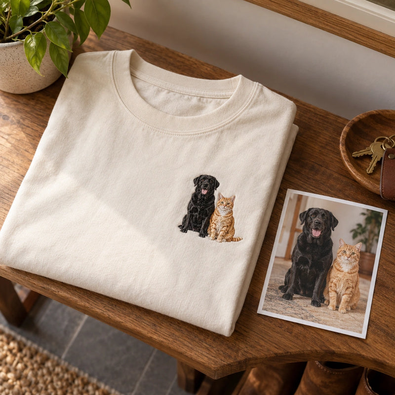 Custom Two Pet Embroidered T-Shirt source photo and front embroidery