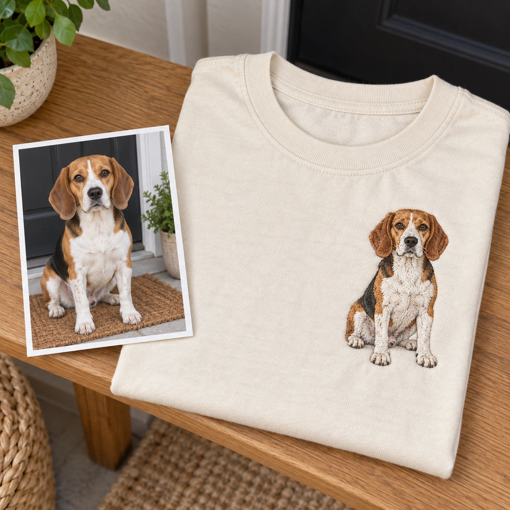 Custom Dog Door Greeter Embroidered T-Shirt with Back Print - Dog Lover Gift source photo and front embroidery product image with custom left chest embroidery based on dog waiting by the front door photo