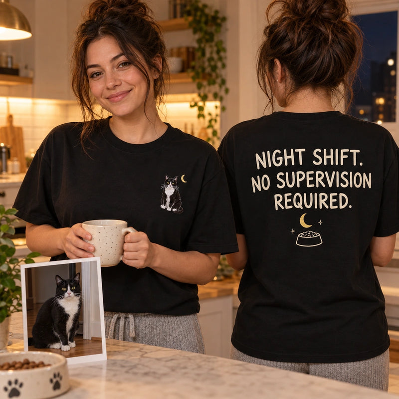 Custom Cat Portrait Embroidered T-Shirt with Back Print - Cat Lover Gift front and back product overview image showing embroidery and custom printed phrase with custom left chest embroidery based on cat sitting awake near the kitchen at night photo
