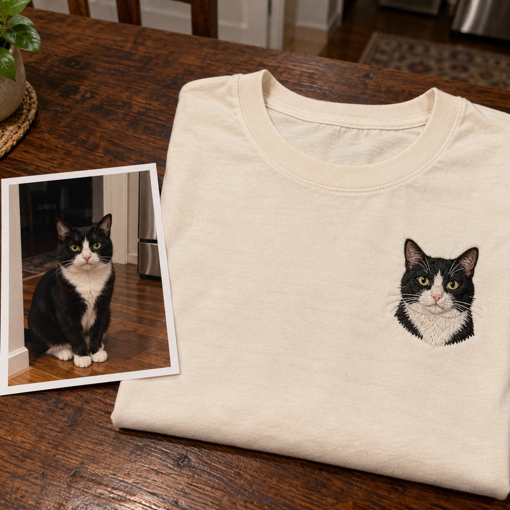 Custom Cat Portrait Embroidered T-Shirt with Back Print - Cat Lover Gift source photo and front embroidery product image with custom left chest embroidery based on cat sitting awake near the kitchen at night photo