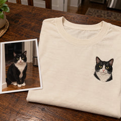 Custom Cat Portrait Embroidered T-Shirt with Back Print - Cat Lover Gift source photo and front embroidery product image with custom left chest embroidery based on cat sitting awake near the kitchen at night photo