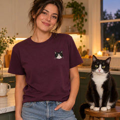 Custom Cat Portrait Embroidered T-Shirt with Back Print - Cat Lover Gift front worn product image with left chest embroidery with custom left chest embroidery based on cat sitting awake near the kitchen at night photo