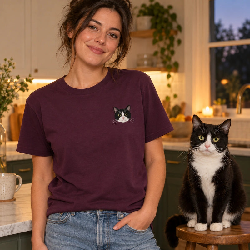 Custom Cat Portrait Embroidered T-Shirt with Back Print - Cat Lover Gift front worn product image with left chest embroidery with custom left chest embroidery based on cat sitting awake near the kitchen at night photo