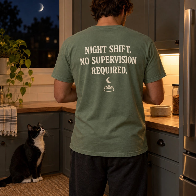 Custom Cat Portrait Embroidered T-Shirt with Back Print - Cat Lover Gift back worn product image with custom printed phrase with custom left chest embroidery based on cat sitting awake near the kitchen at night photo