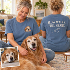 Custom Senior Pet Portrait Embroidered T-Shirt with Back Print - Pet Memorial Gift front and back product overview image showing embroidery and custom printed phrase with custom left chest embroidery based on senior pet resting beside its person photo